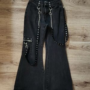 Killstar Black Flare Jeans with Strap Detail
